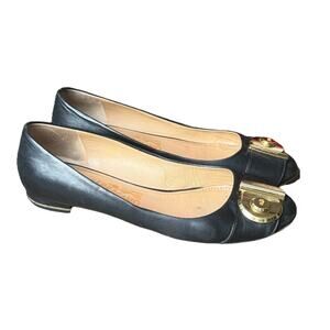Salvatore Ferragamo Black Leather Flats Gancini Hardware 7.5B IT Ballet Shoes